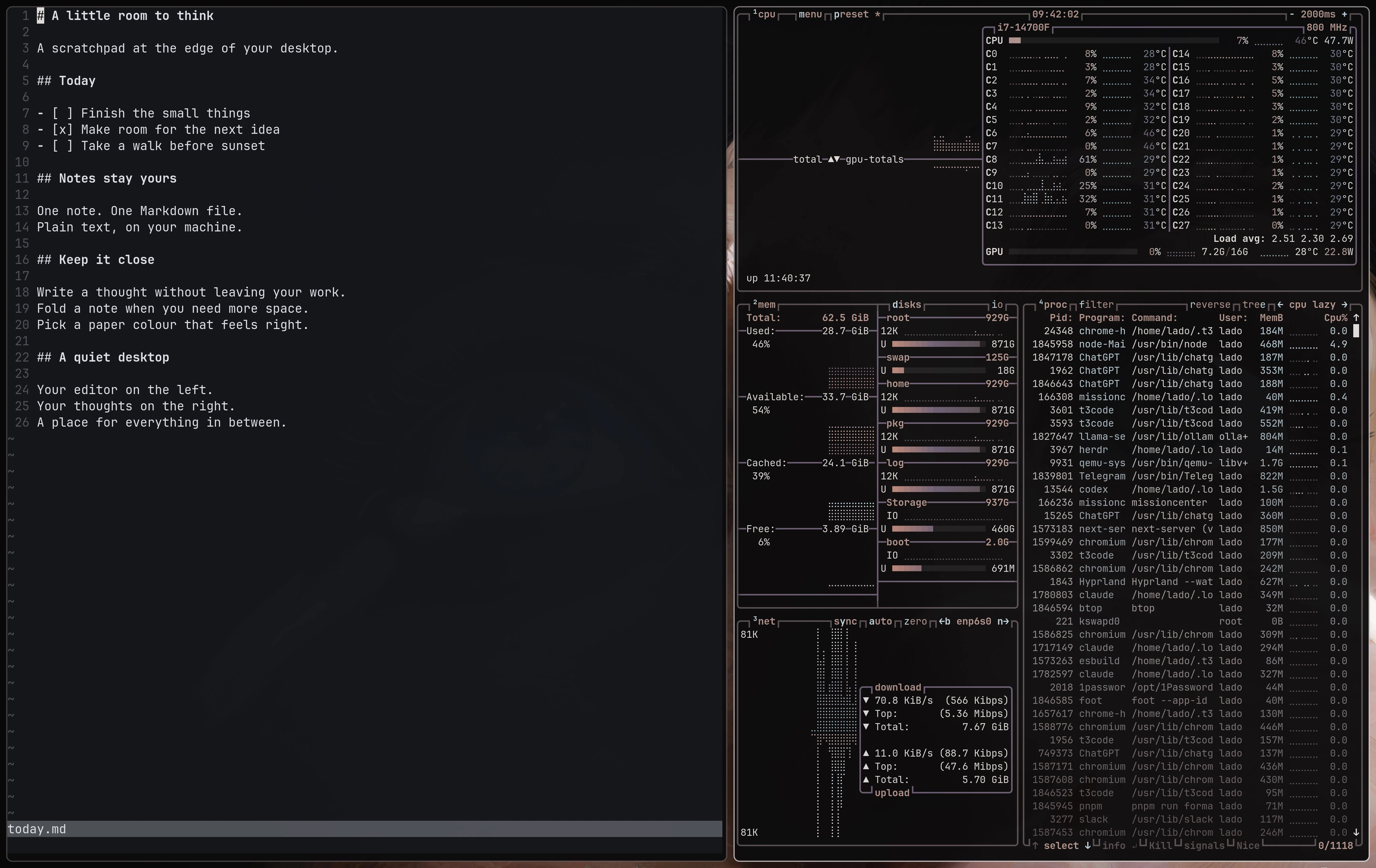 An Omarchy workspace with a Markdown document open in Neovim beside a btop system monitor, tiled on the desktop left of the panel.