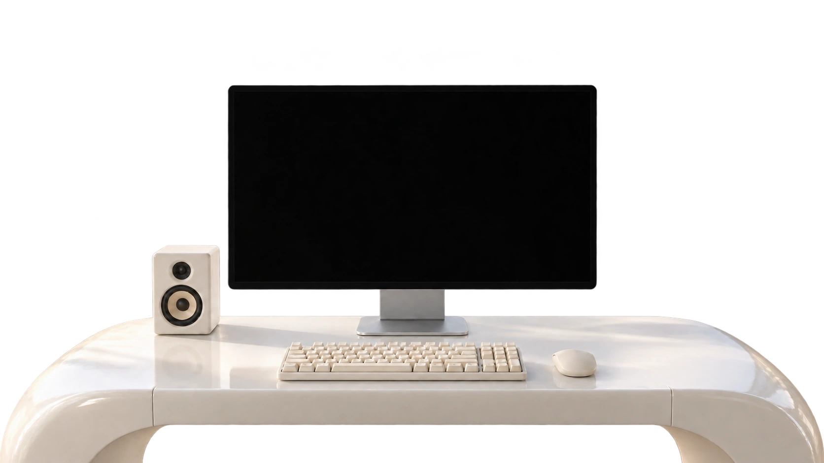 Generated office concept inspired by DHH’s desk: a single monitor, a compact speaker, and a white curved desk with a keyboard and mouse. No window frames.