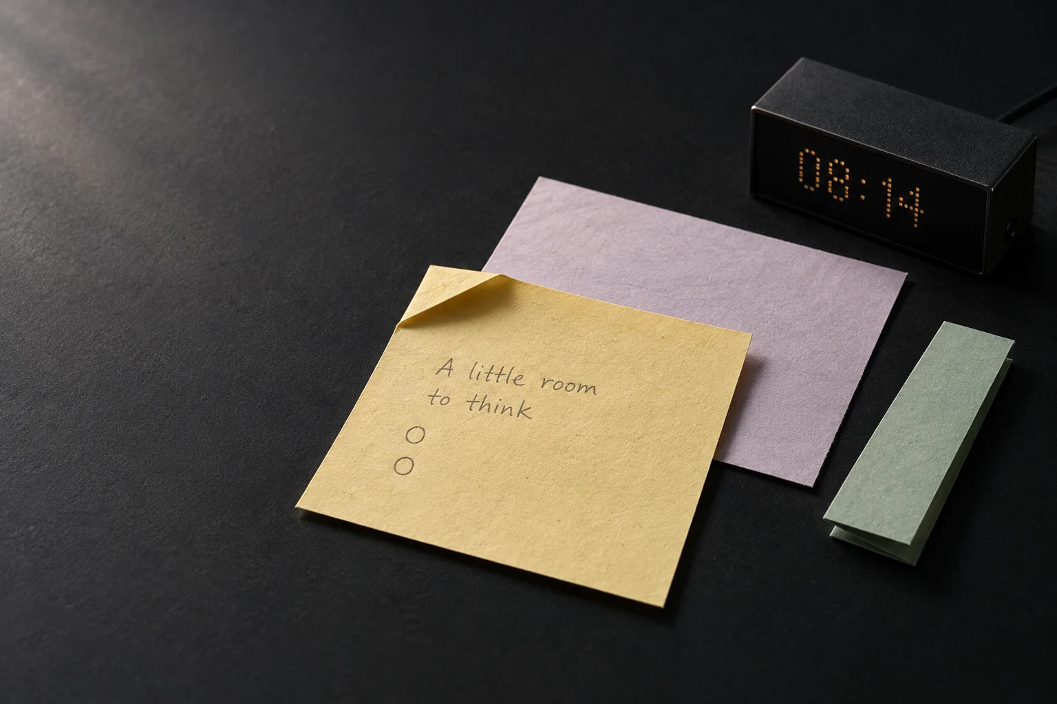 Three paper notes on a charcoal tabletop: a yellow square with a folded corner and two empty task circles reading “A little room to think”, a lilac sheet beneath it, a folded mint strip, and a small amber dot-matrix clock showing 08:14.