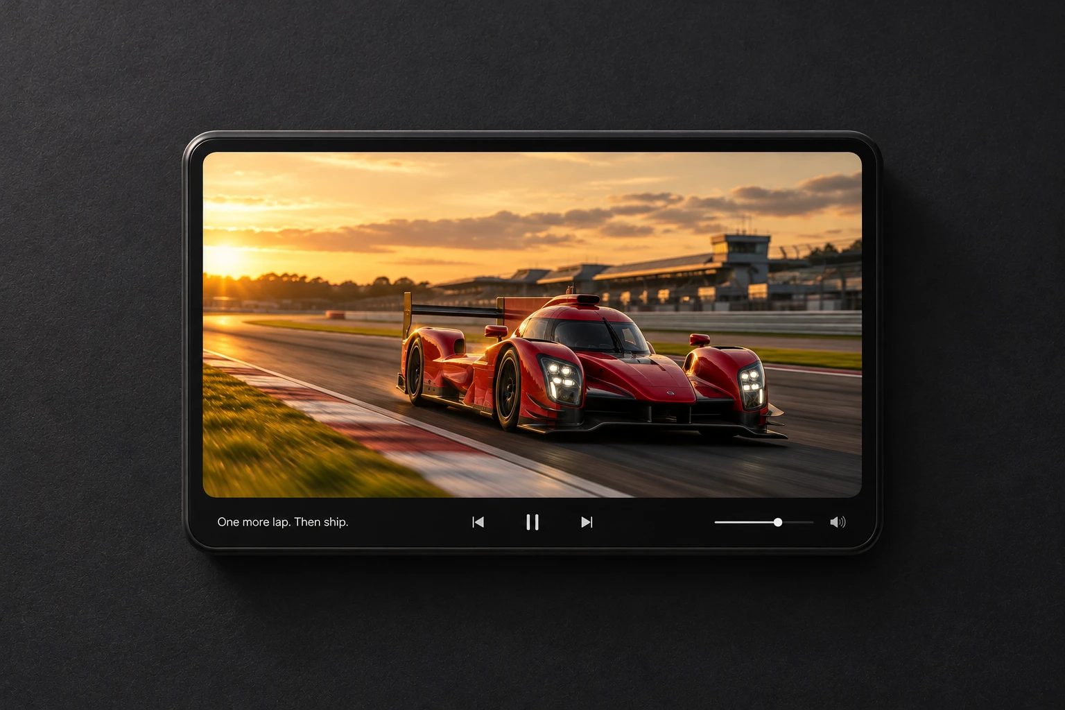 An endurance-racing video widget titled One more lap. Then ship.
